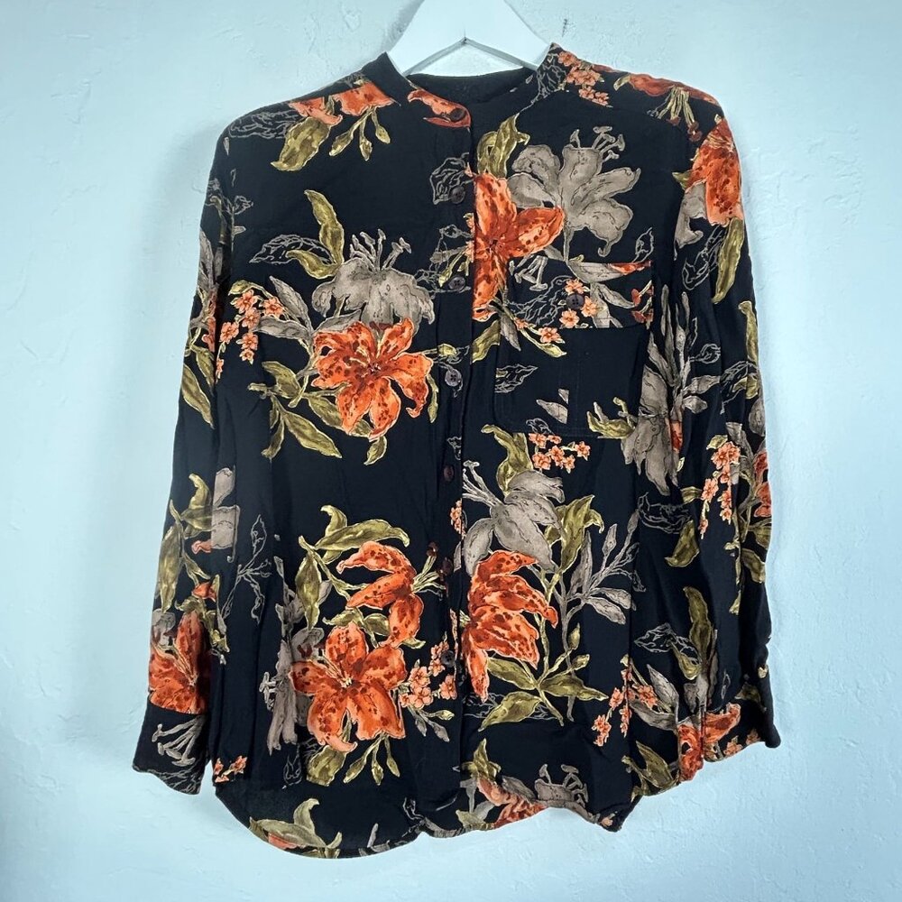 Carole Little Womens Floral Button-Up Blouse Size 14 Black Rayon Long Sleeve